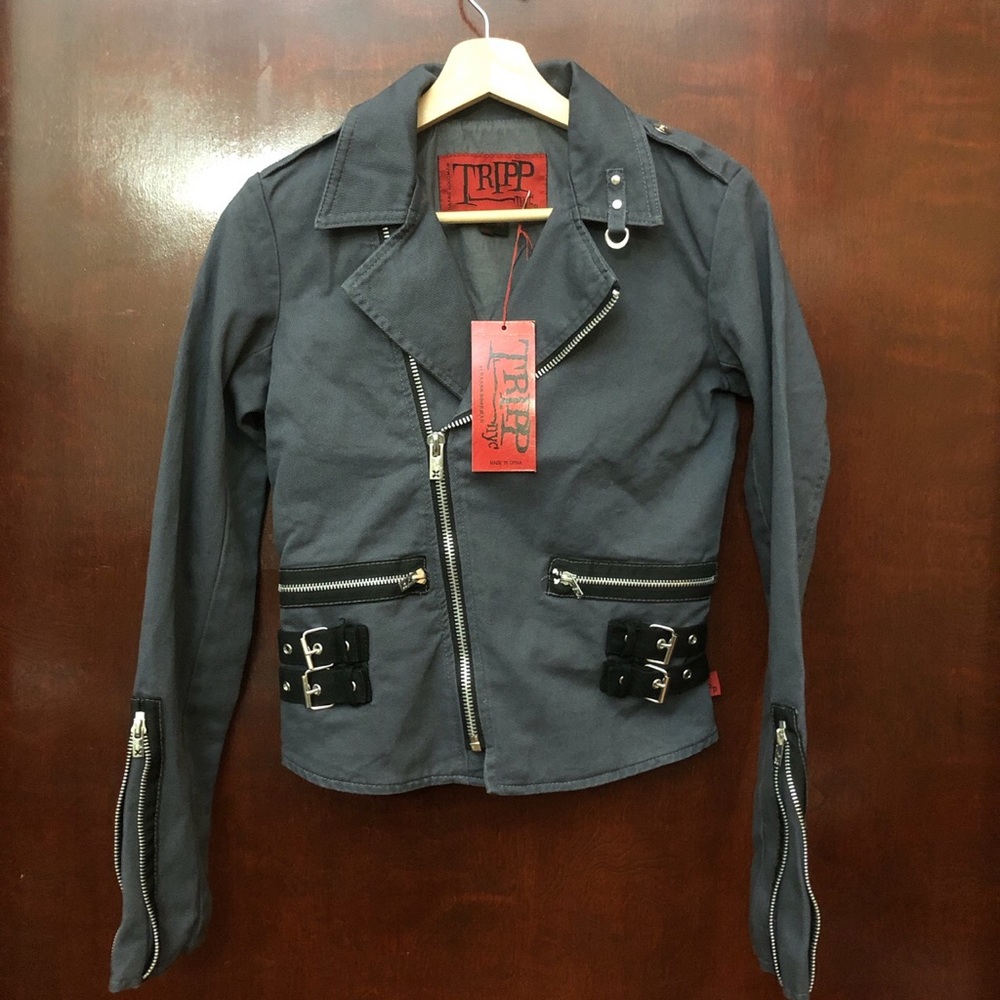 TRIPP NYC GREY JEAN D RING MOTO JACKET XS